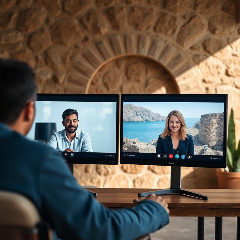 Fokusirana video sesija između mentora i klijenta na indigo obojenim monitorima
